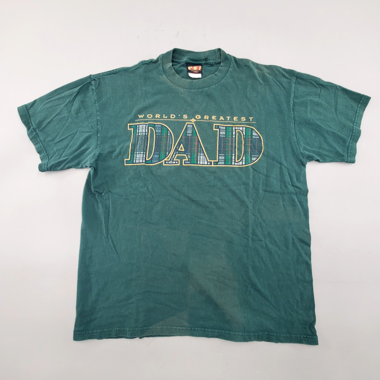 Vintage 90s TSI Shirt Mens Sz L Worlds Greatest DAD Graphic Tshirt Green Plaid