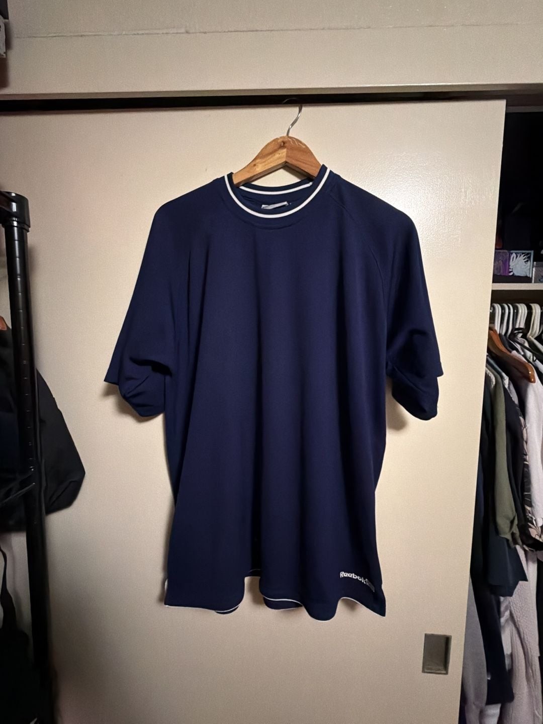 Vintage 90s Reebok Navy Blue and White Trim Mesh Performance Jersey T-Shirt