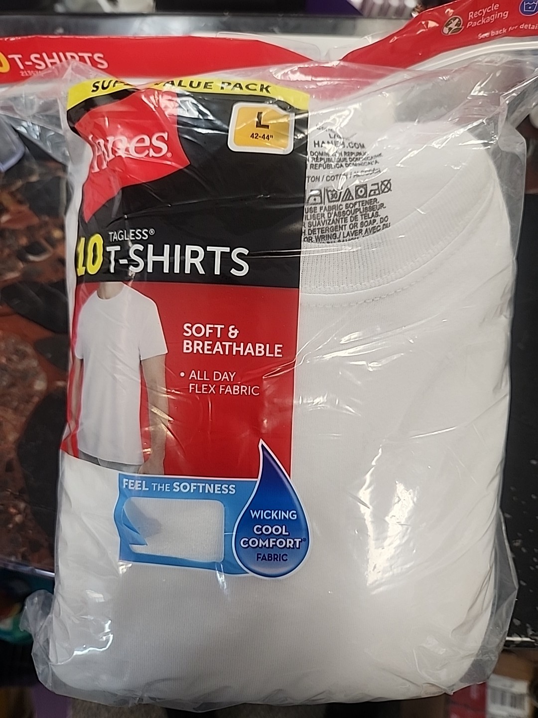 Hanes Men’s 10 Pack Tagless White T -Shirts size Large (42-44″)