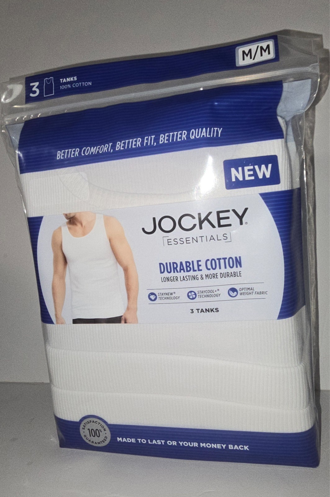 Jockey Essentials Men’s Medium White Durable Cotton 3 Tanks