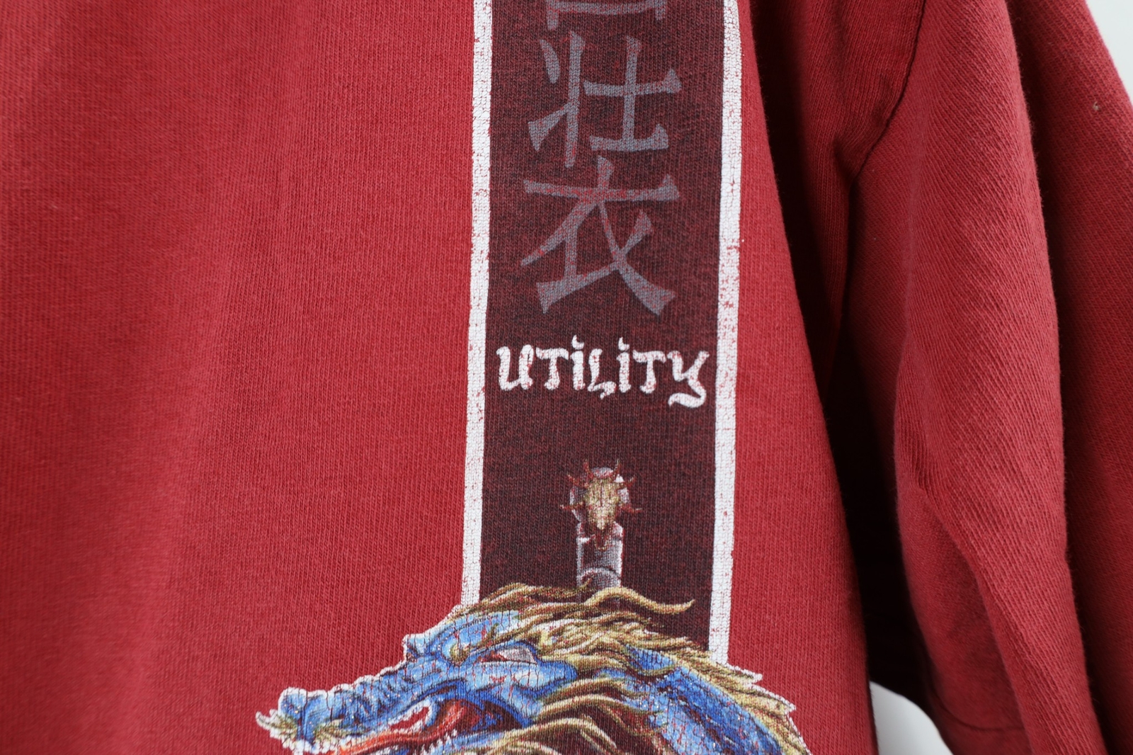 Vintage 90s Streetwear Mens Small Faded Chinese Dragon Long Sleeve T-Shirt Red