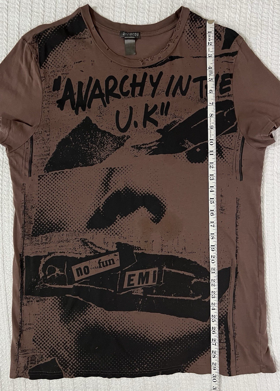 H&M Sex Pistols Anarchy in the UK Shirt LG 21” X 29” Brown Distressed