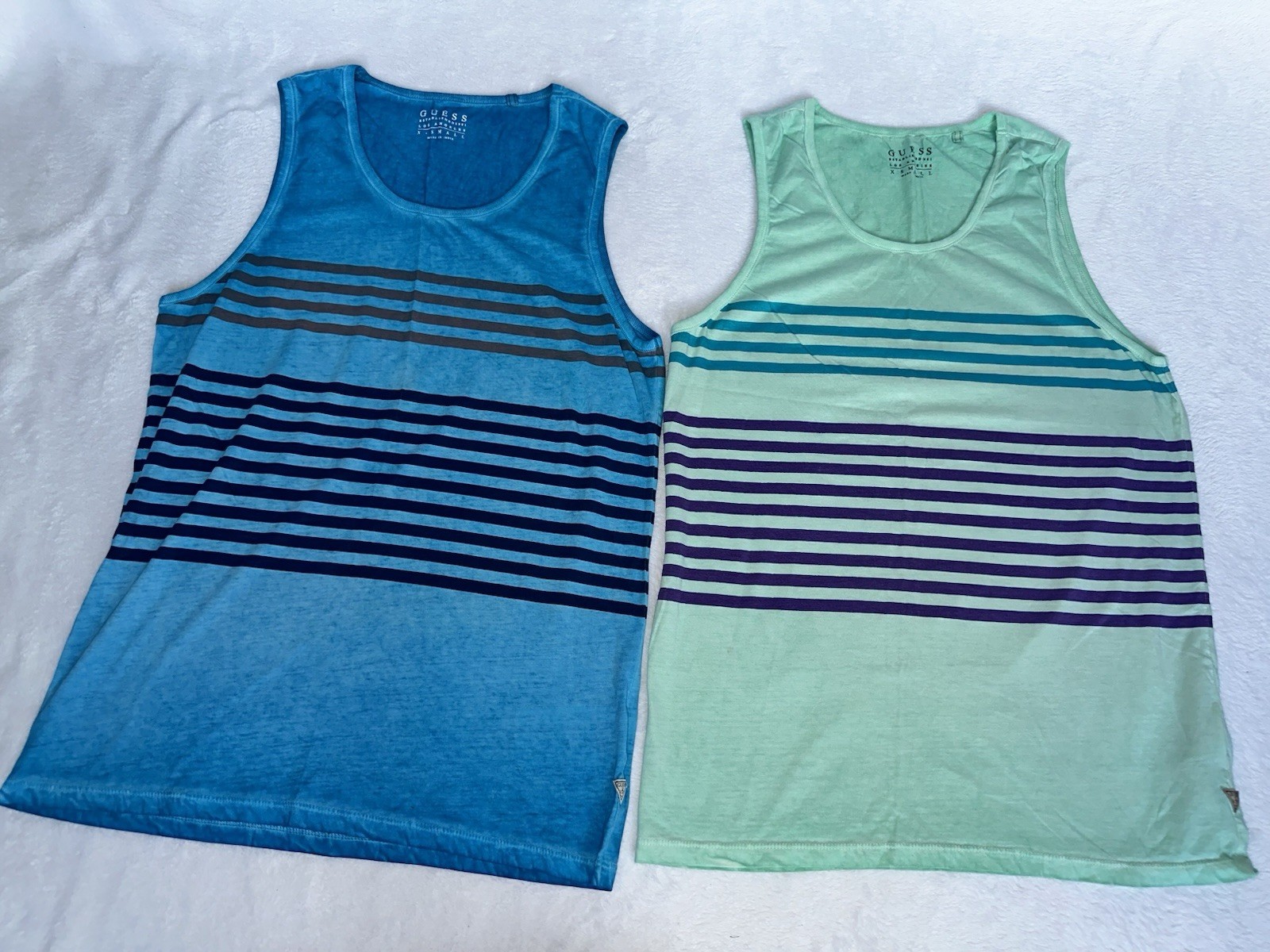 Guess Mens Tank Top Lot of 2 XS Blue Teal Striped Sleeveless Shirt Urban Muscle