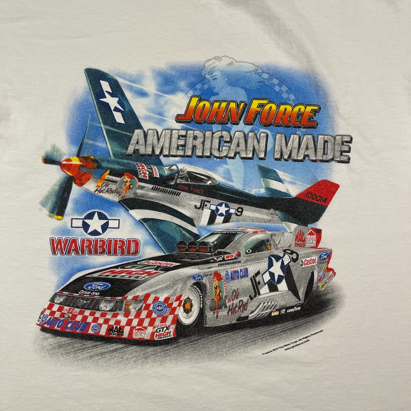 NHRA John Force Drag Racing Warbird Plane Car Shirt Large 22×27 White