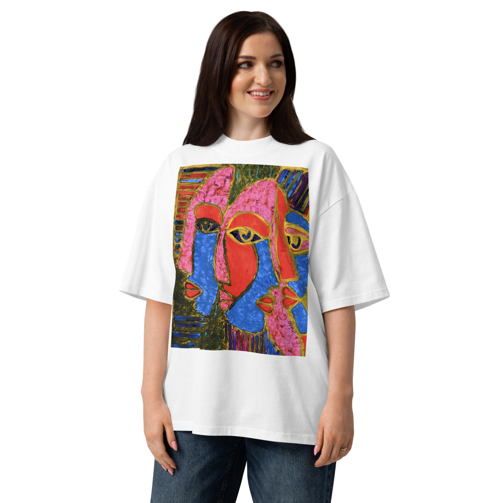 “Faces” Unisex Organic Oversized High Neck T-Shirt