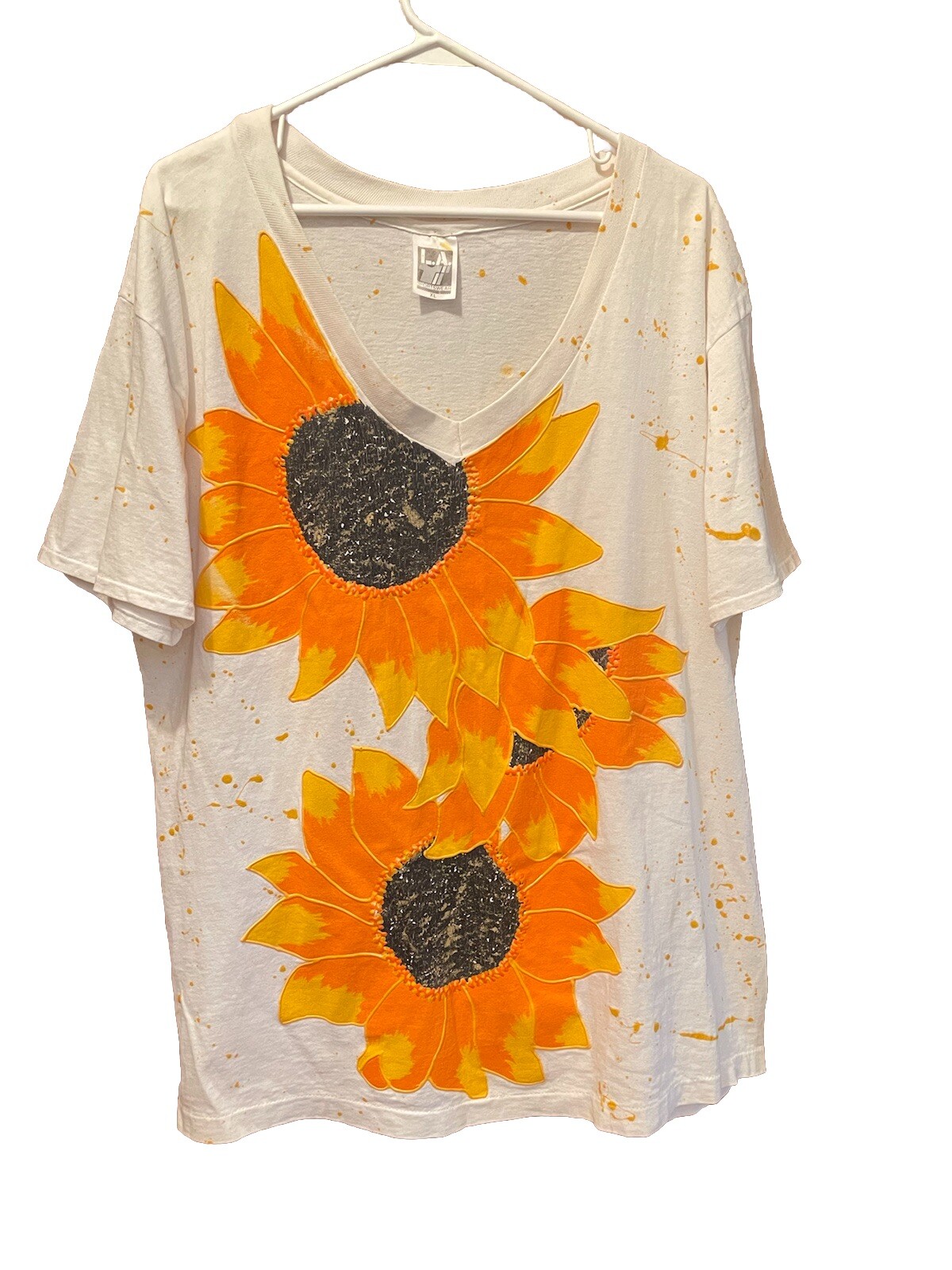 Hand Painted Sunflower Art Single Stitch T Shirt OOAK PUFF PAINT SPLATTER XL NOS