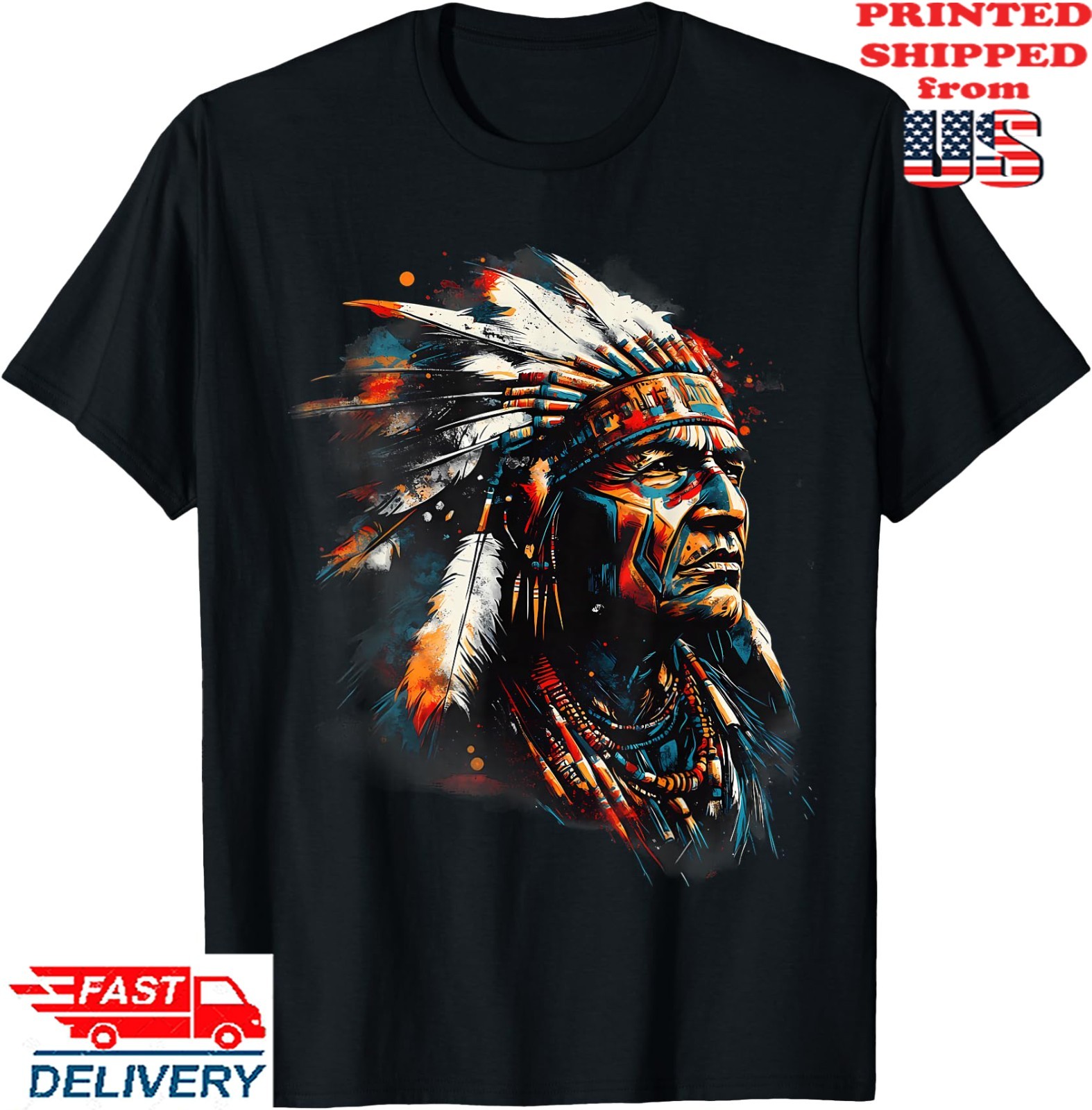 Indian Chief Native American Feather Headdress Artwork T-Shirt , Unisex Tee