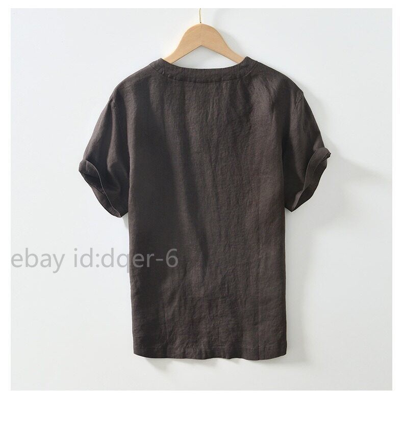 Mens Chinese Hanfu Casual Short Sleeved 100% Linen T-shirt Thin Shirt Retro Top