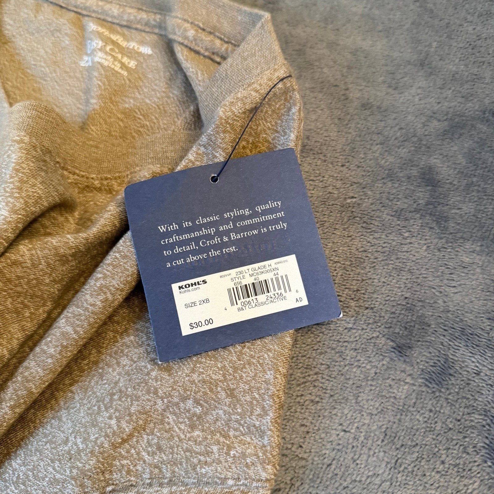 Croft & Barrow Easy Care V-Neck Long Sleeve Tee Heathered Tan Mens 2XB NWT