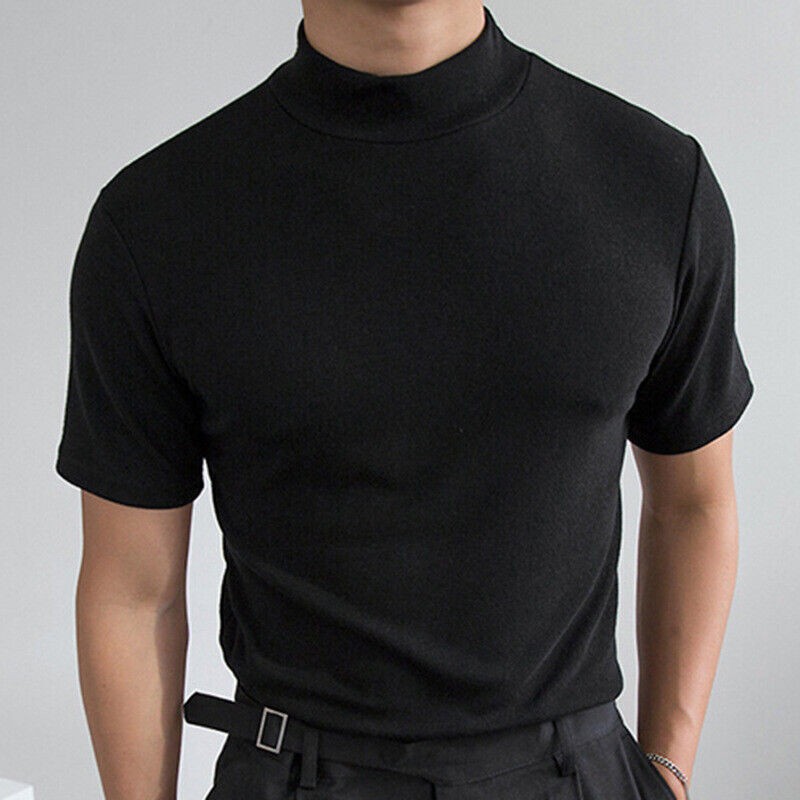 New Mens T-Shirt Short Sleeve Basic Mock Turtleneck Slim Fit Pullover Solid Tops