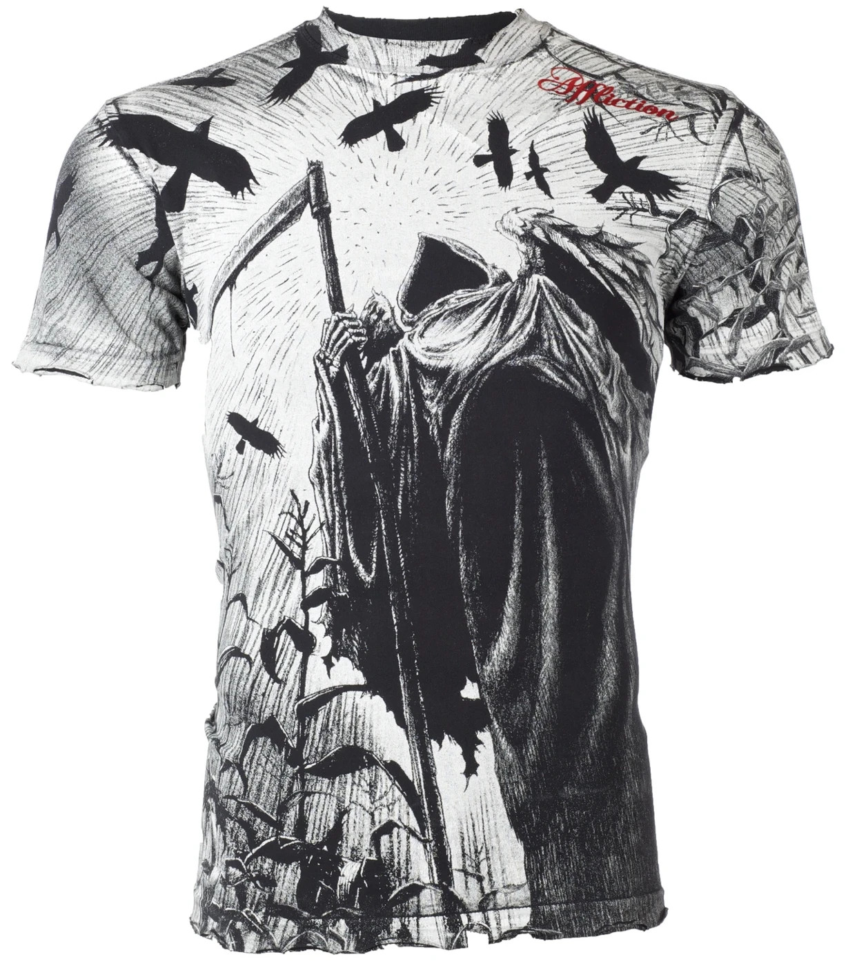 AFFLICTION Men’s Short Sleeve T-Shirt CORN REAPER White tattoo Biker S-4XL