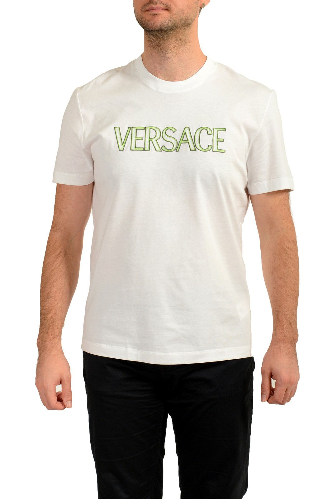 Versace Men’s White & Mint Logo Print Short Sleeve T-Shirt US M IT 50
