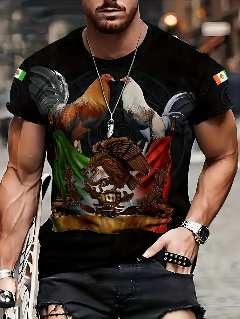 T Shirt Rooster Mexican Eagle Black Short Sleeve Men’s Mexico Streetwear Fashion