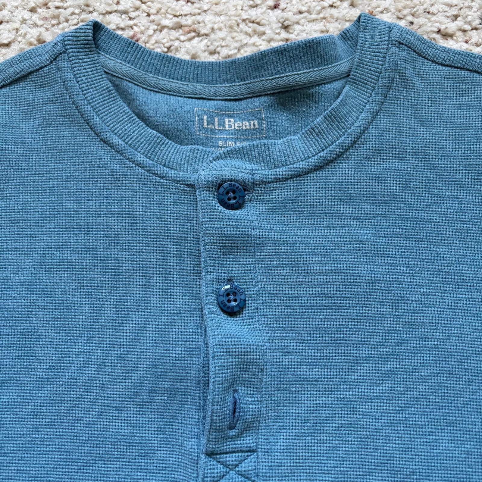 L.L. Bean 3 Button Waffle Knit Long Sleeve Henley Shirt Mens M Blue Slim 502225