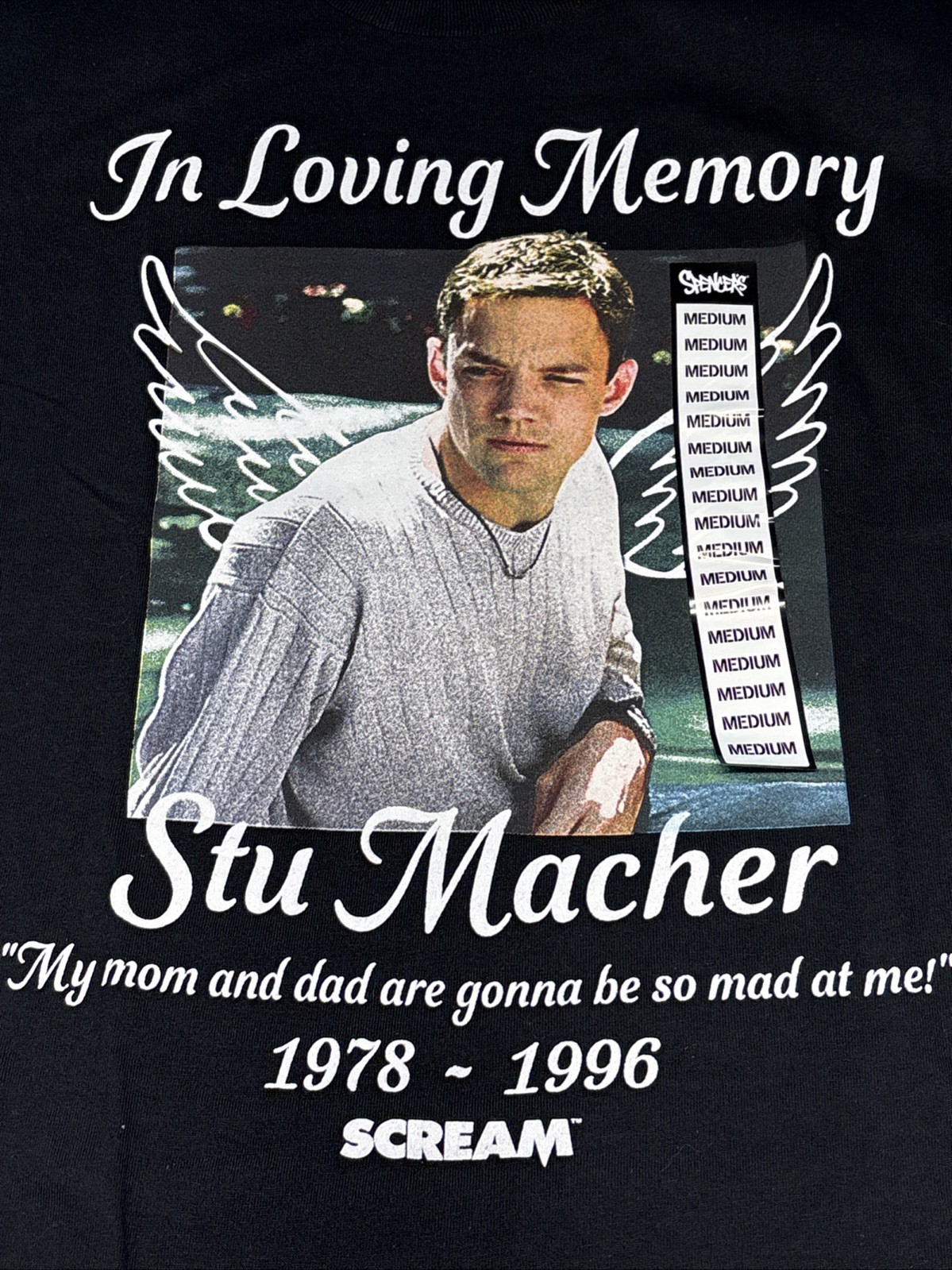 In Loving Memory STU MACHER Shirt -Scream Funny Spencer’s Adult Medium
