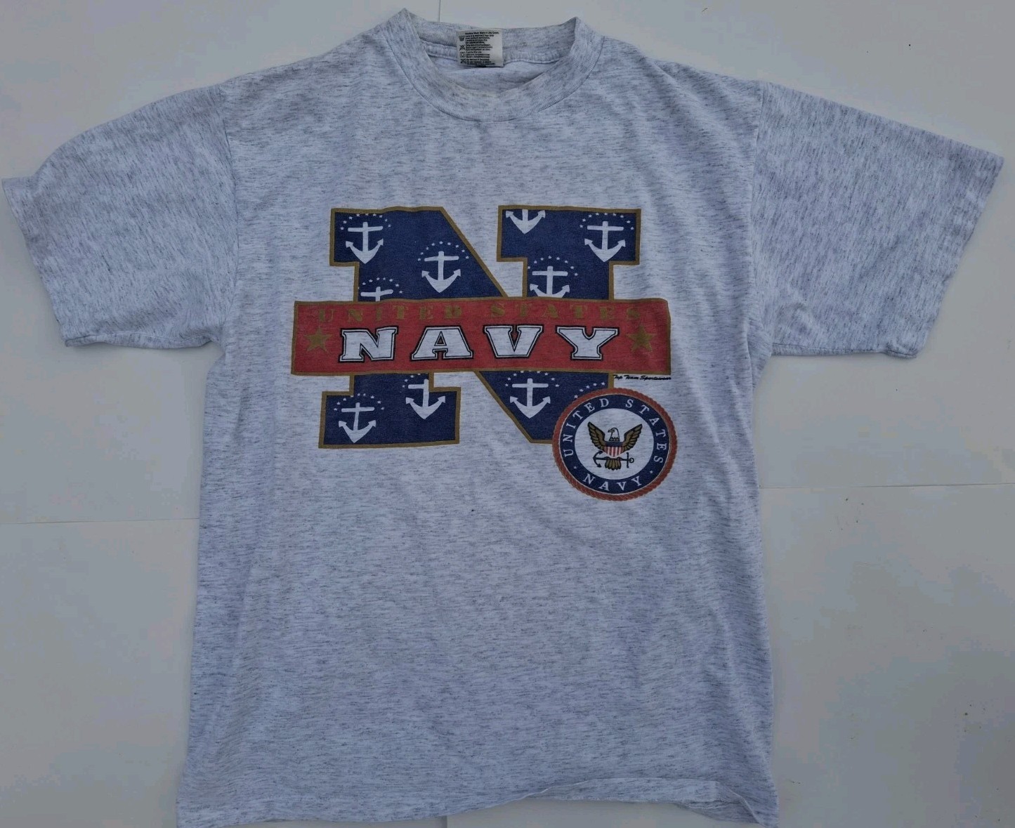 United States Navy VTG T Shirt Gray Blue Red Logo Spellout Single Stitch