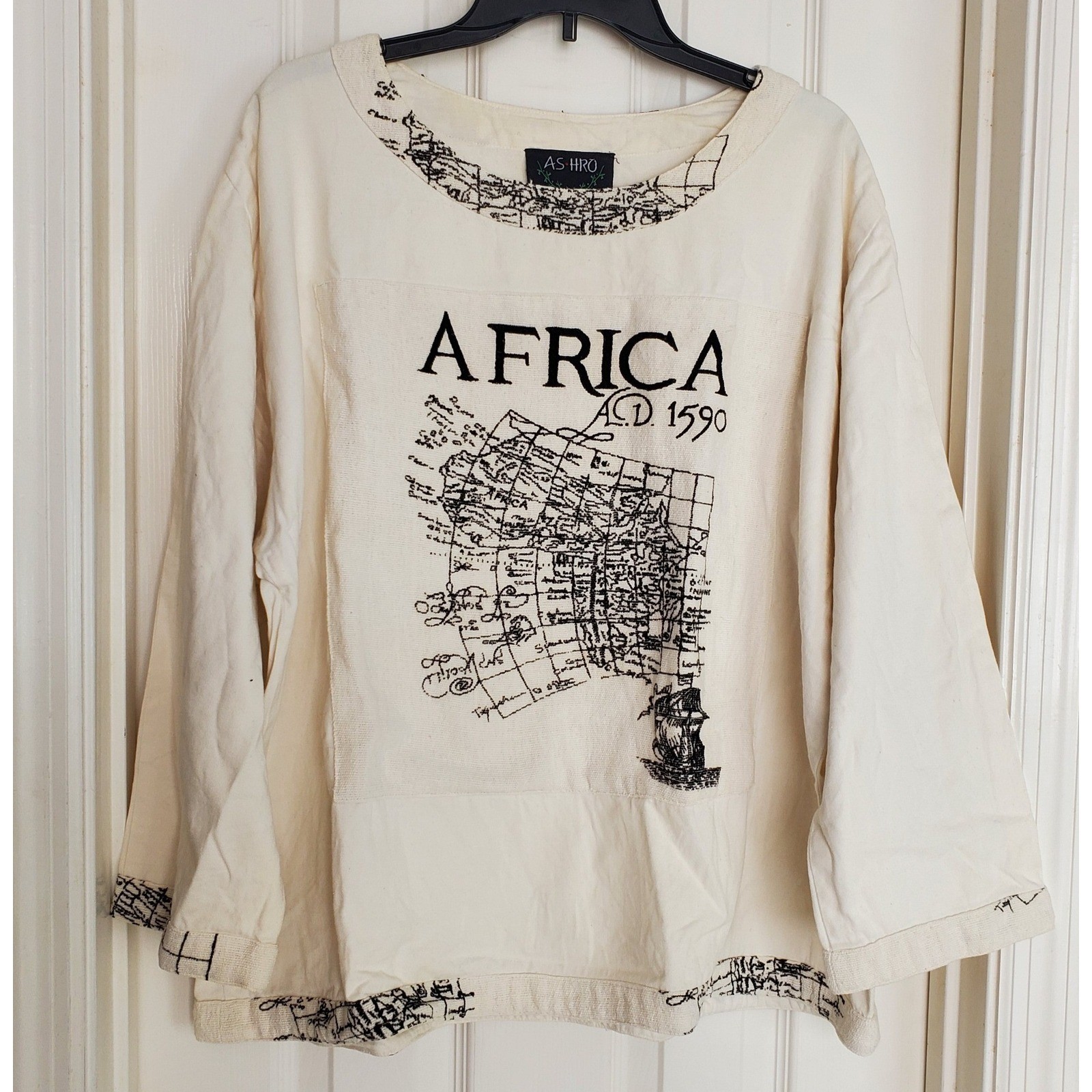 Ashro Africa AD 1590 Map Graphic Long Sleeve Cotton Top Cream Mens Medium