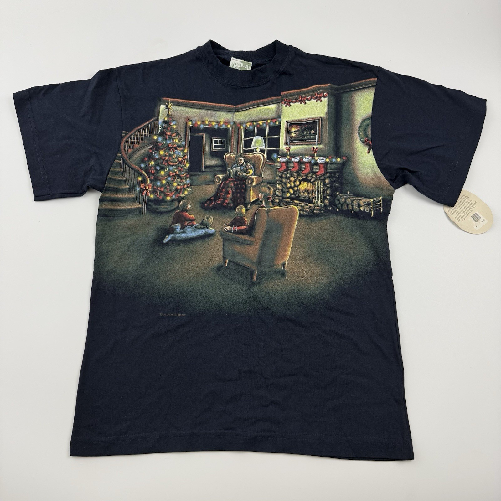 Vtg Art Unlimited Santa Christmas T Shirt Mens M Navy Double Sided USA