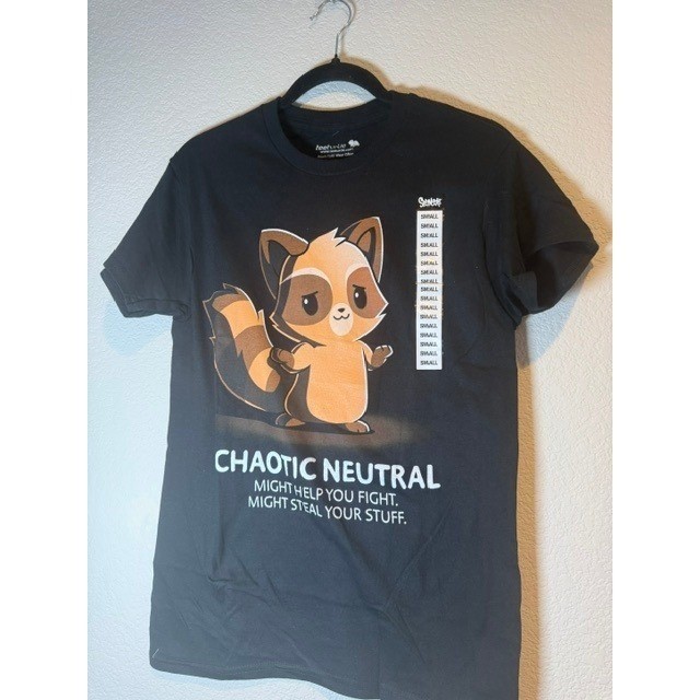 TeeTurtle Chaotic Neutral Raccoon Graphic T-Shirt Black Mens Small Spencers NEW