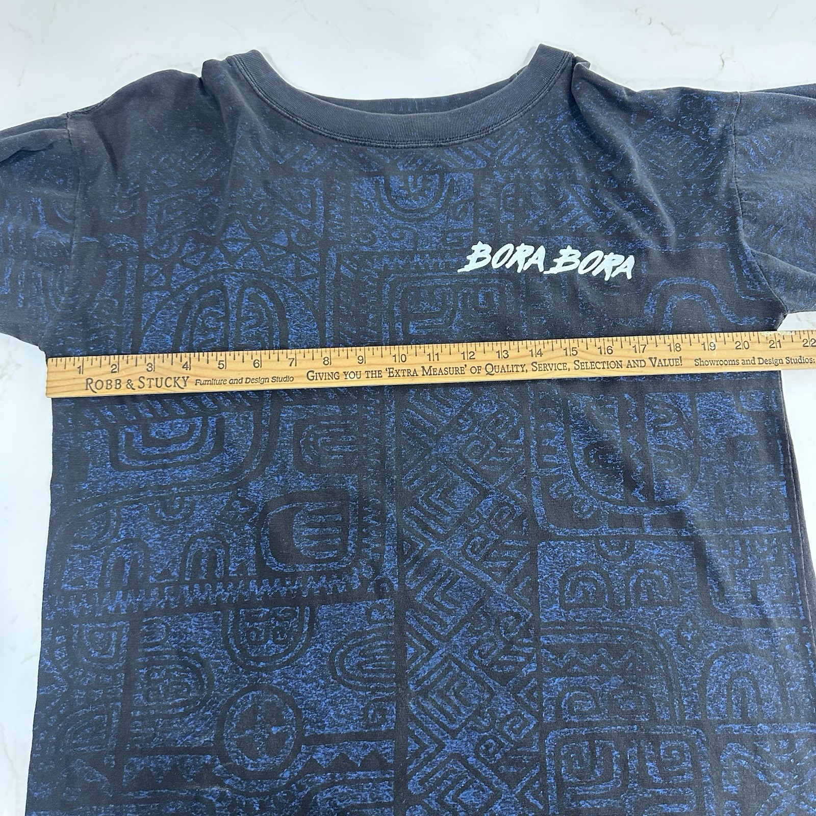 Bora Bora Magic Power Tahiti Shirt Mens Sz 44 Blue SS Hawaiian Graphic All Over