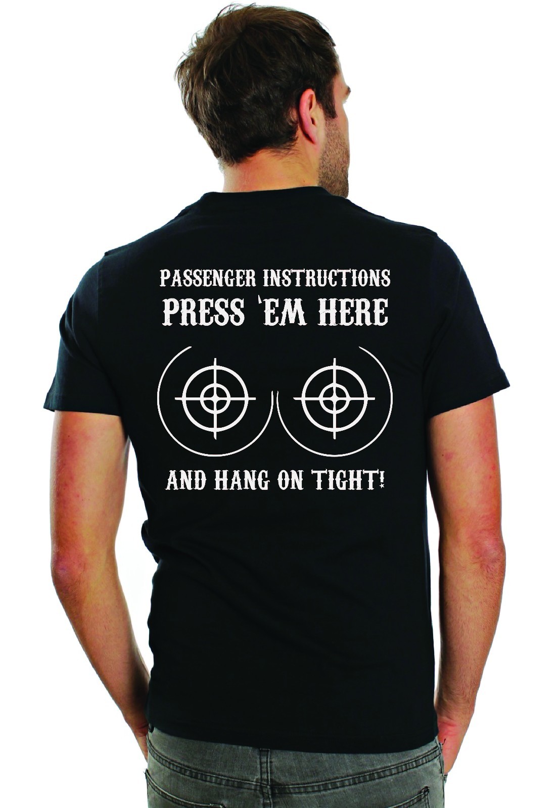 Passenger Instruction Press em Here Hang on Tight Biker T-Shirt Tee