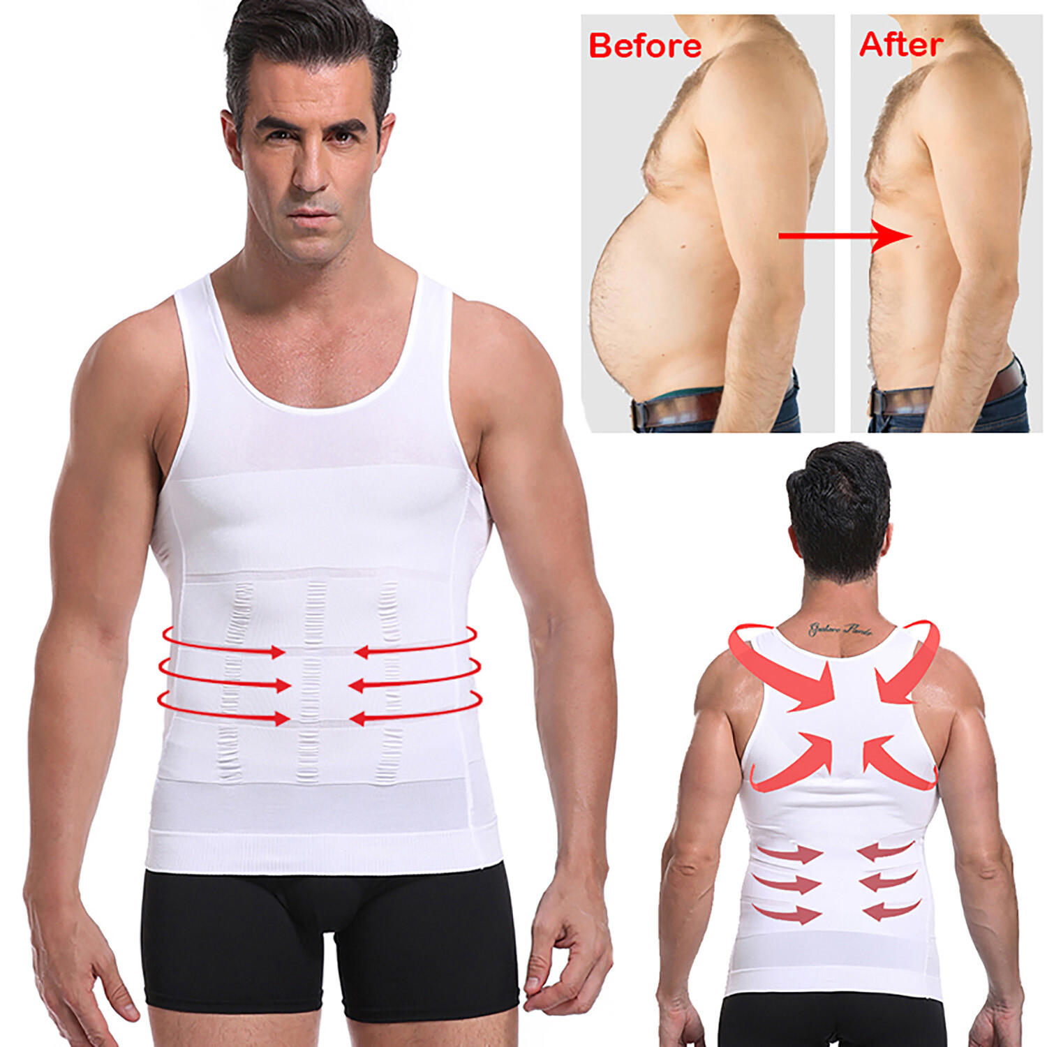 Men’s 3 Pack Compression Shirt Slimming Body Shaper Vest Gym Workout Tank Top