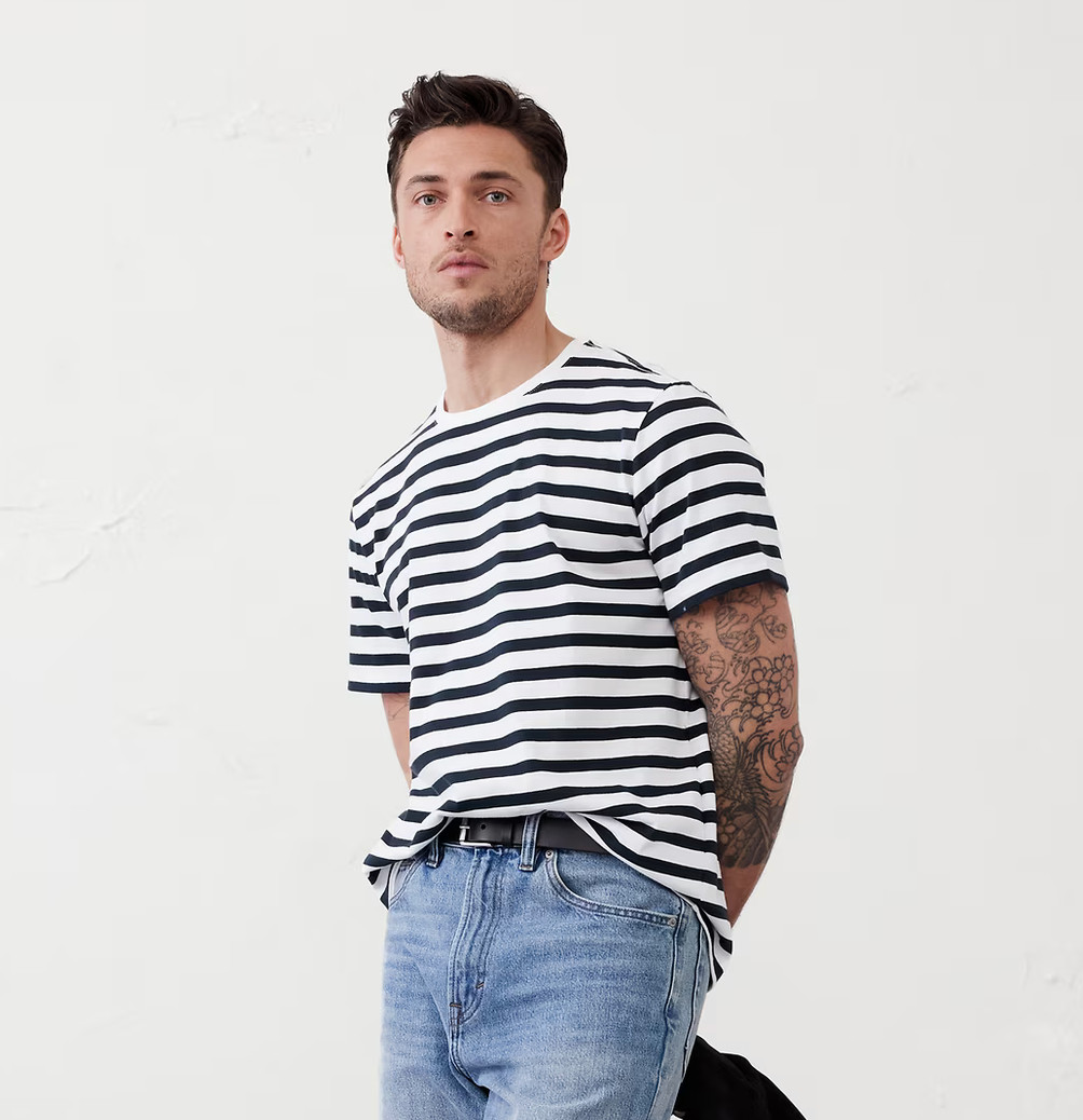 NWT BANANA REPUBLIC $35 Midweight Organic Cotton T-shirt, Navy Stripe, Sz L