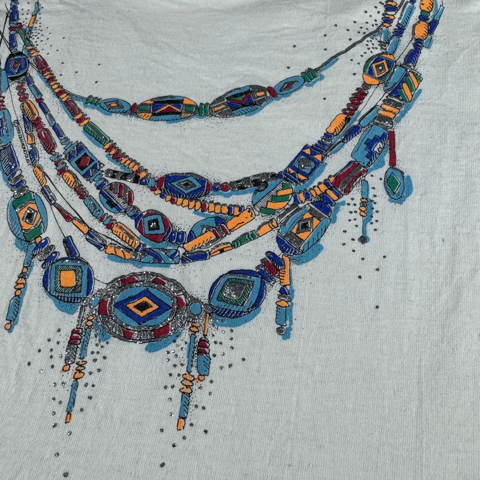 Vintage 90s Diamond Dust Rhinestone Necklace Tee Mens XL White Single Stitch USA