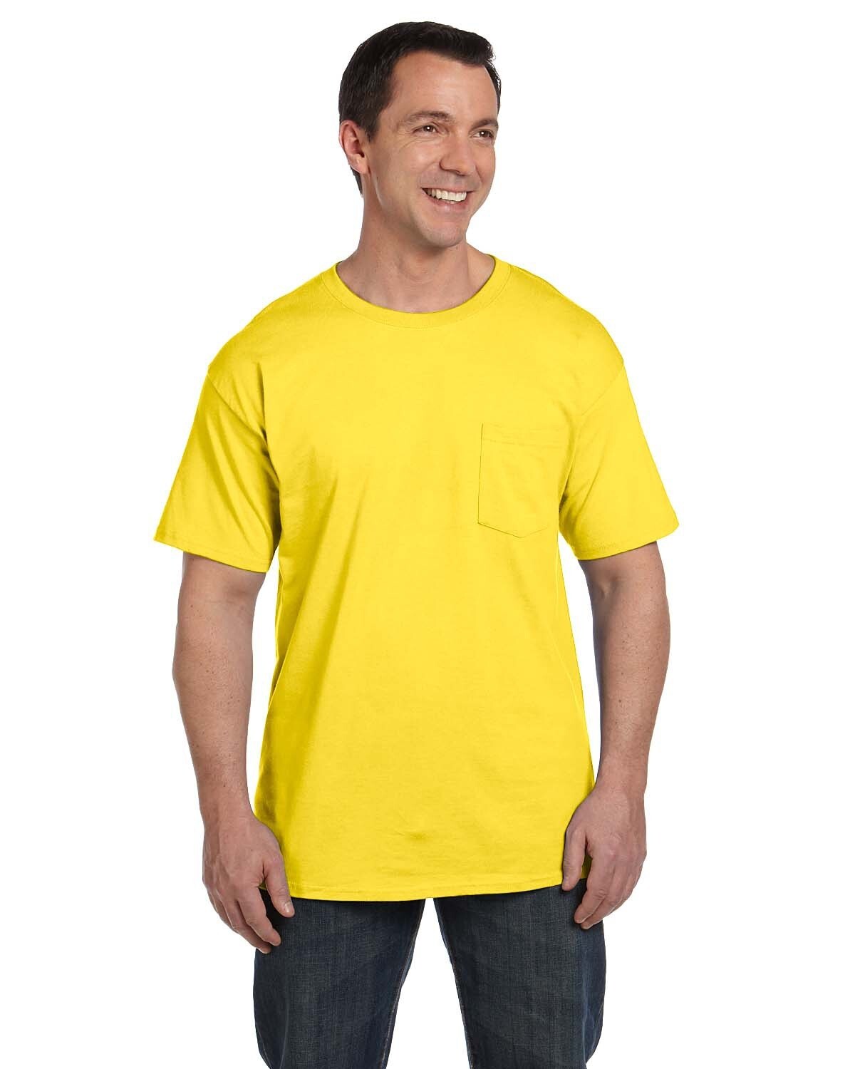 Hanes Beefy-T Unisex Pocket T-Shirt #5190 Crew Neck Short Sleeves Yellow Size XL