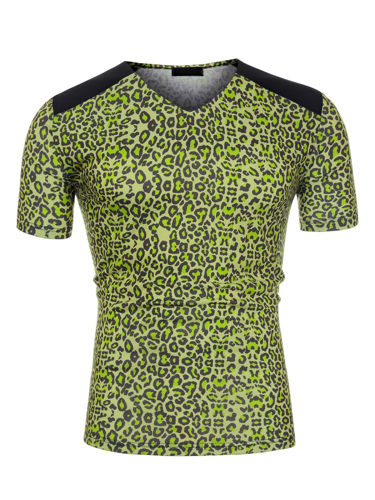 Men’s V Neck Animal Print Short Sleeves T-Shirt Tops Green Black S
