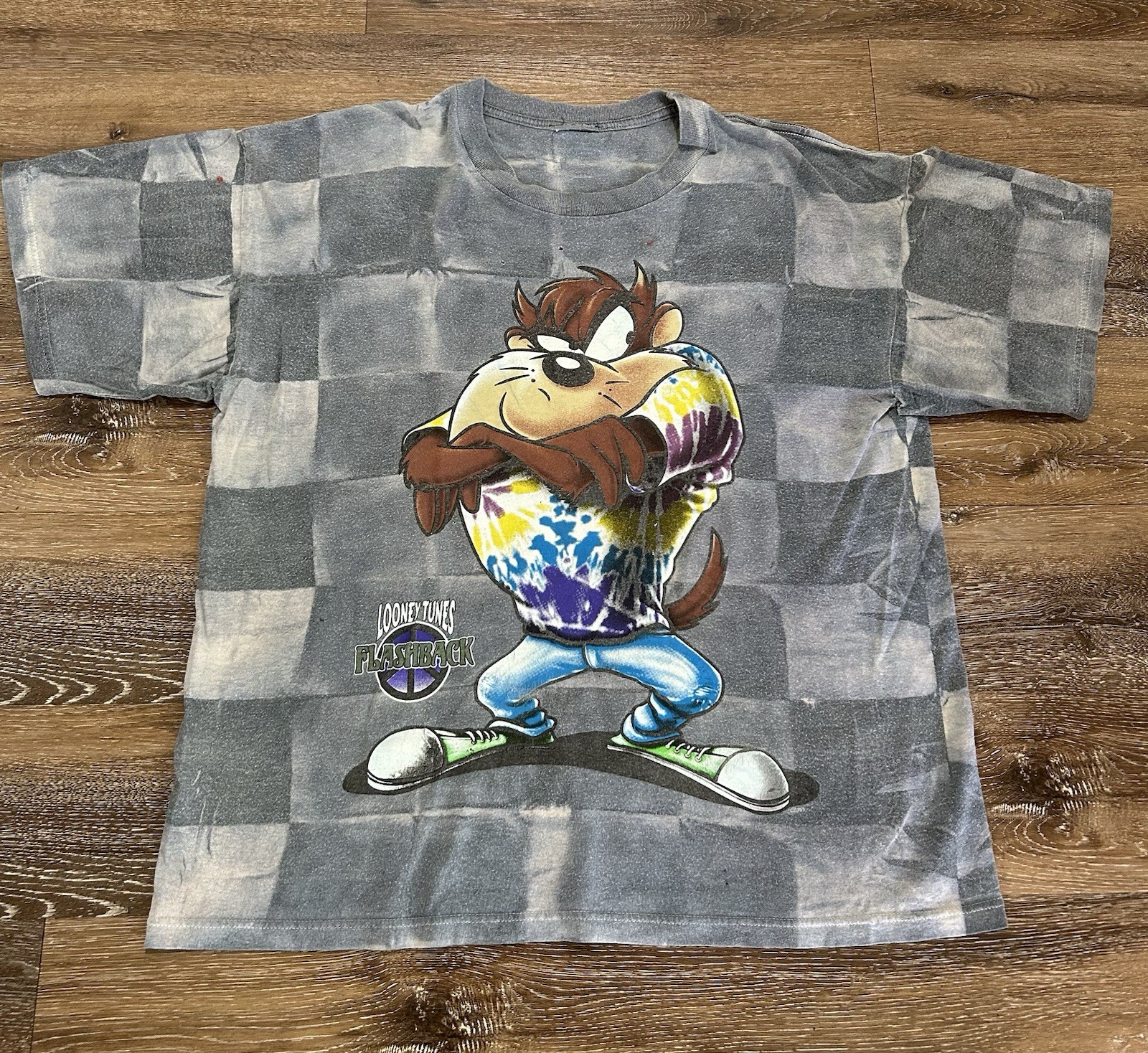 Vintage 90s Tazmanian Devil Looney Tunes Flashback Checkered Tshirt Size XL
