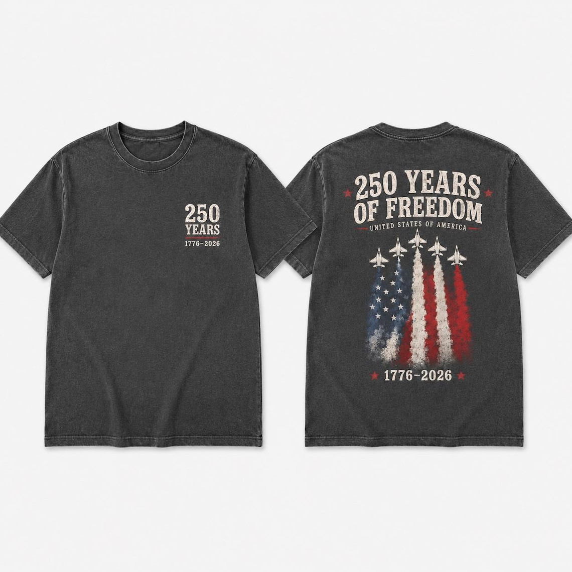 America 250 Shirt Fighter Jet Front Back Print 1776-2026 Patriotic July 4th Tee