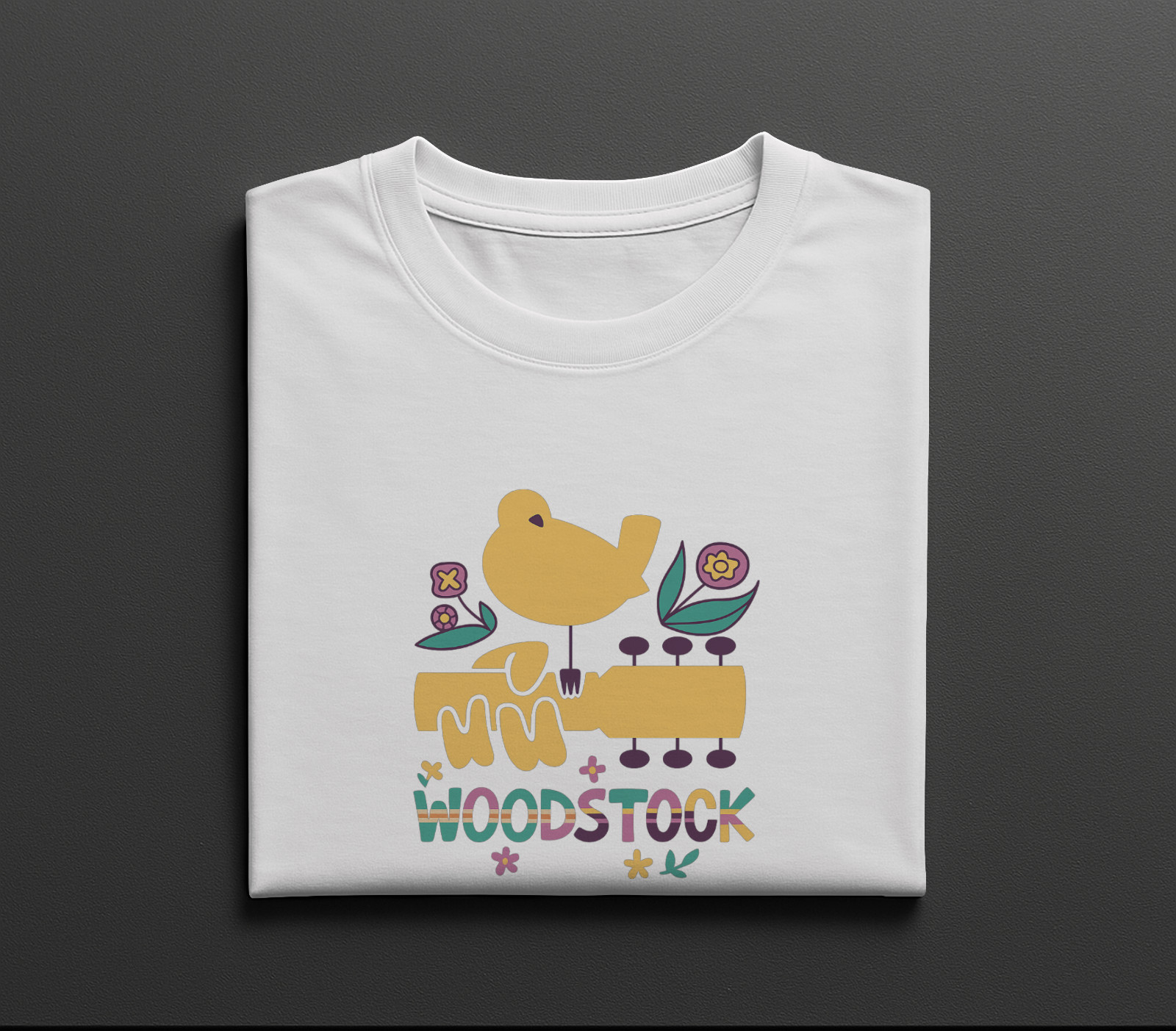 Woodstock Retro Bird Guitar T-Shirt Colorful Hippie Music Festival Graphic Tee