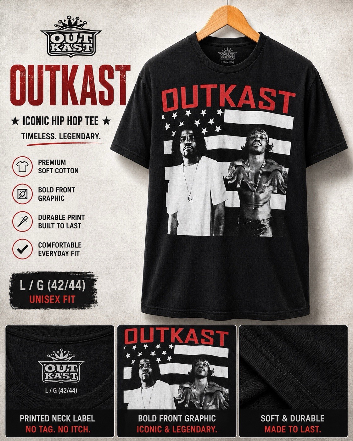 OutKast Tee Mens Large Black Graphic Shirt Andre 3000 Big Boi Rap PB#14