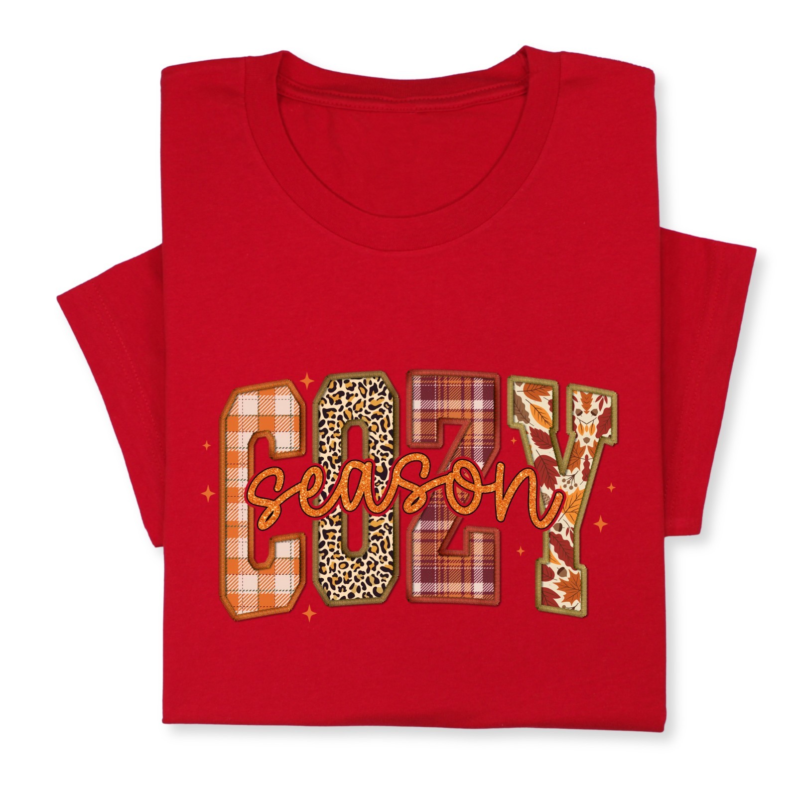 Cozy Season Fall T-Shirt – Autumn Plaid & Leopard Patchwork Tee
