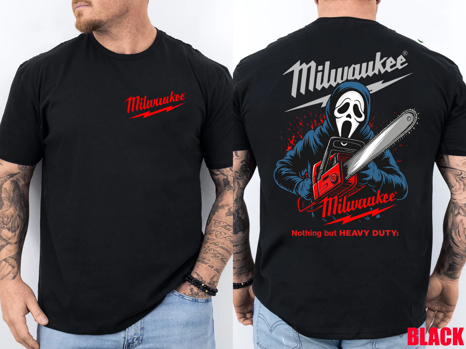Milwaukee Tools Ghost Face With Chainsaw 2 Sided Unisex Tee–Halloween Character