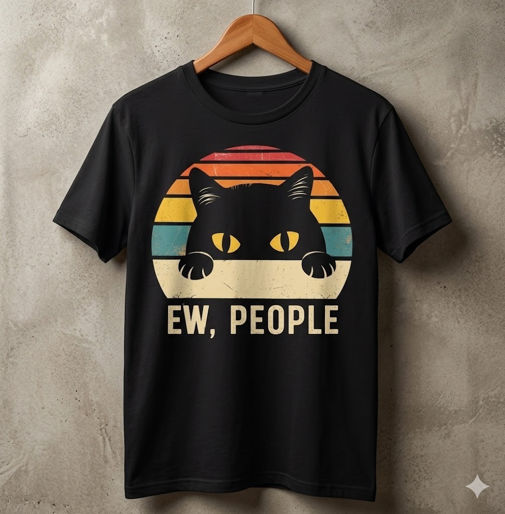 H107 – Ew People Retro Cat Funny Vintage Anti-Social Introvert T-Shirt