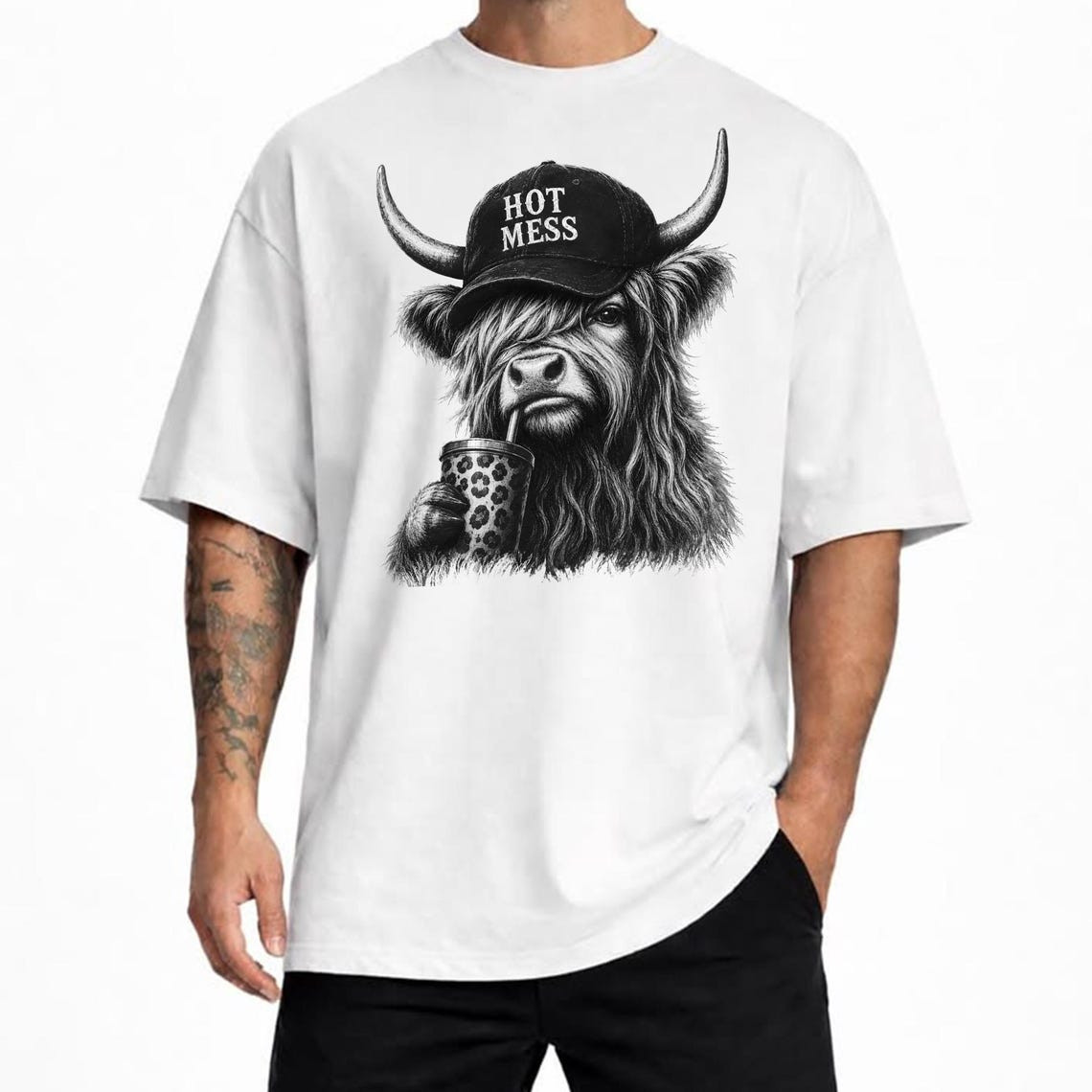 Hot Mess Highland Cow Funny Coffee Lover Graphic T-Shirt