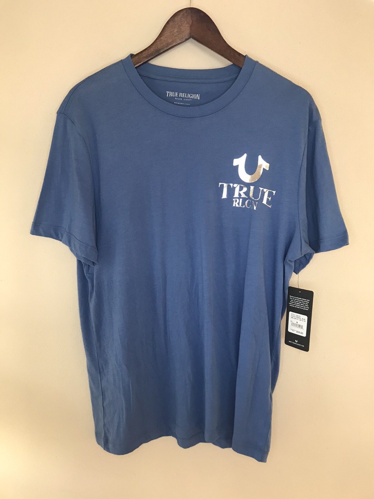New True Religion Jeans T-Shirt Blue Foil Mens Short Sleeve Size Medium NWT $59