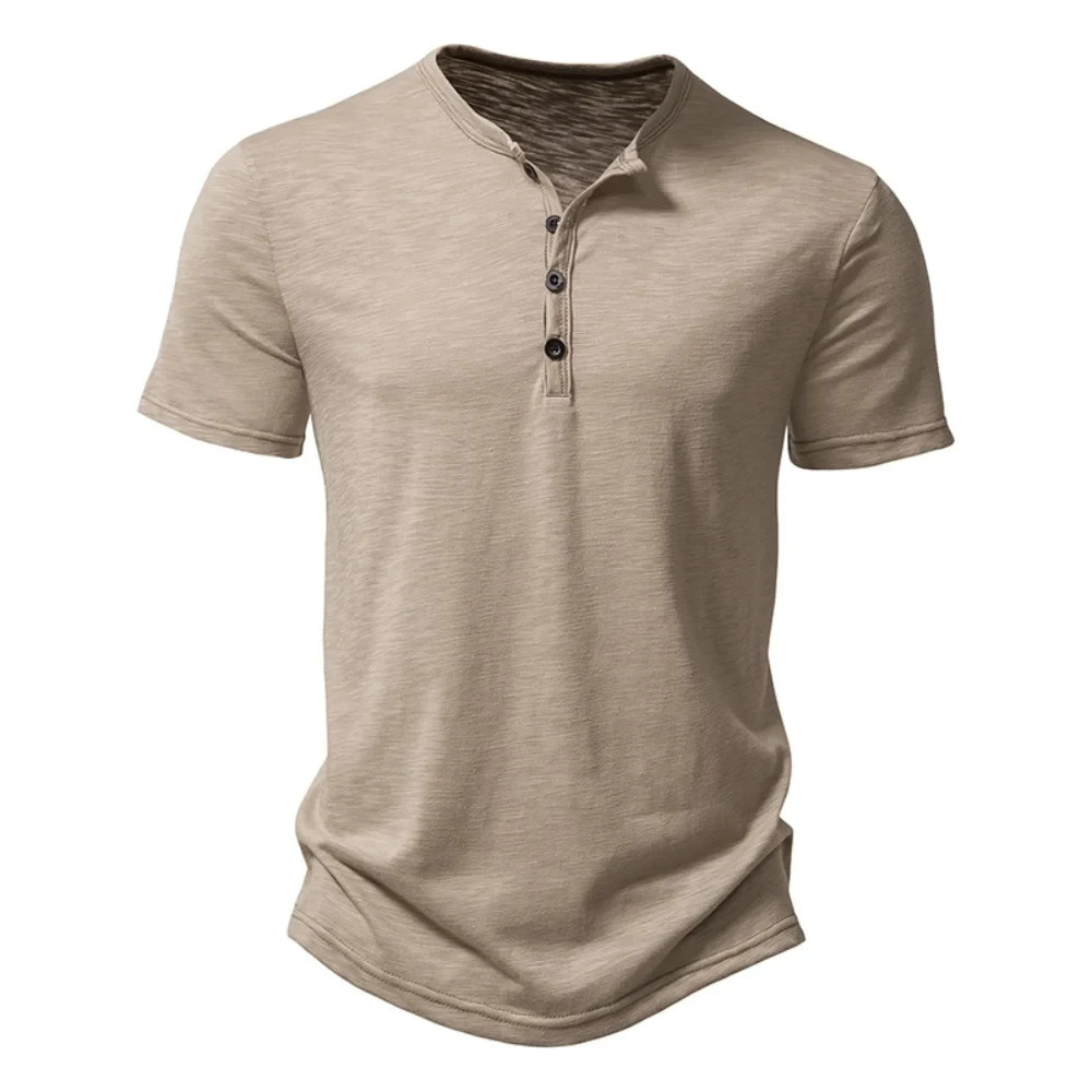 Henley Collar Summer Men Casual Solid Color Short Sleeve T Shirt for Men