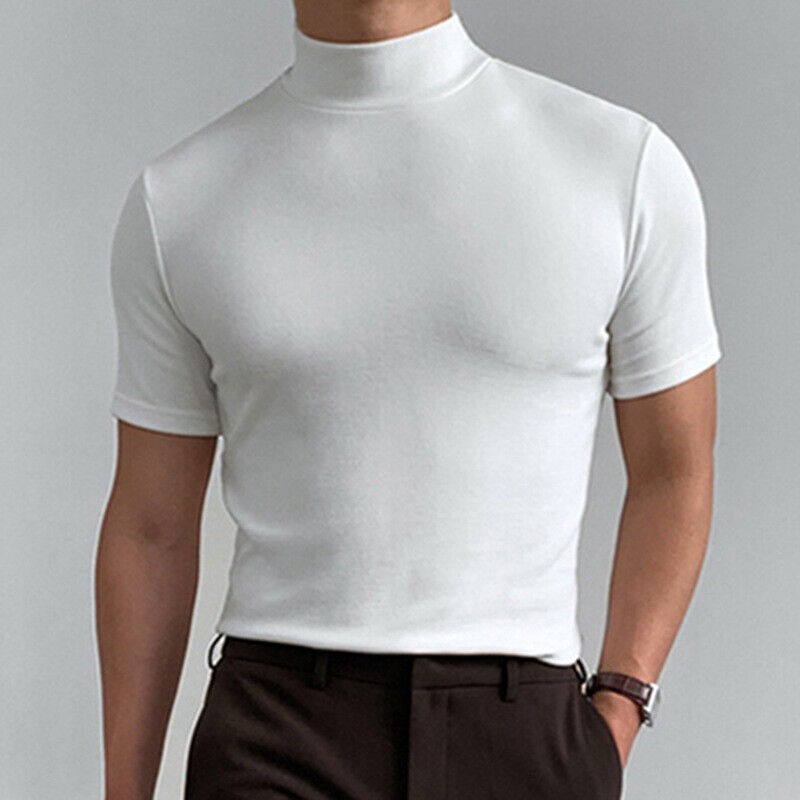 New Mens T-Shirt Short Sleeve Basic Mock Turtleneck Slim Fit Pullover Solid Tops