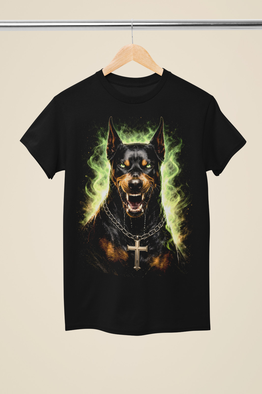 Doberman Cross Graphic T-Shirt | Green Flame Angry Dog Art | Black Tee