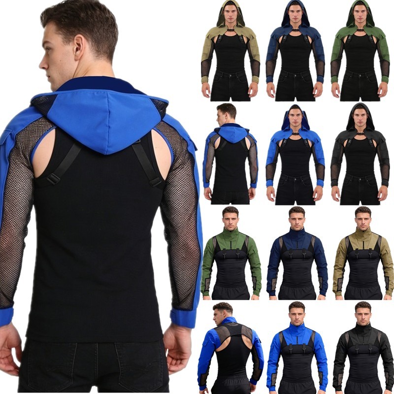 US Mens Crop Tops Mesh Jackets Outwear Work Shirts With Buckle Shoulder Armor