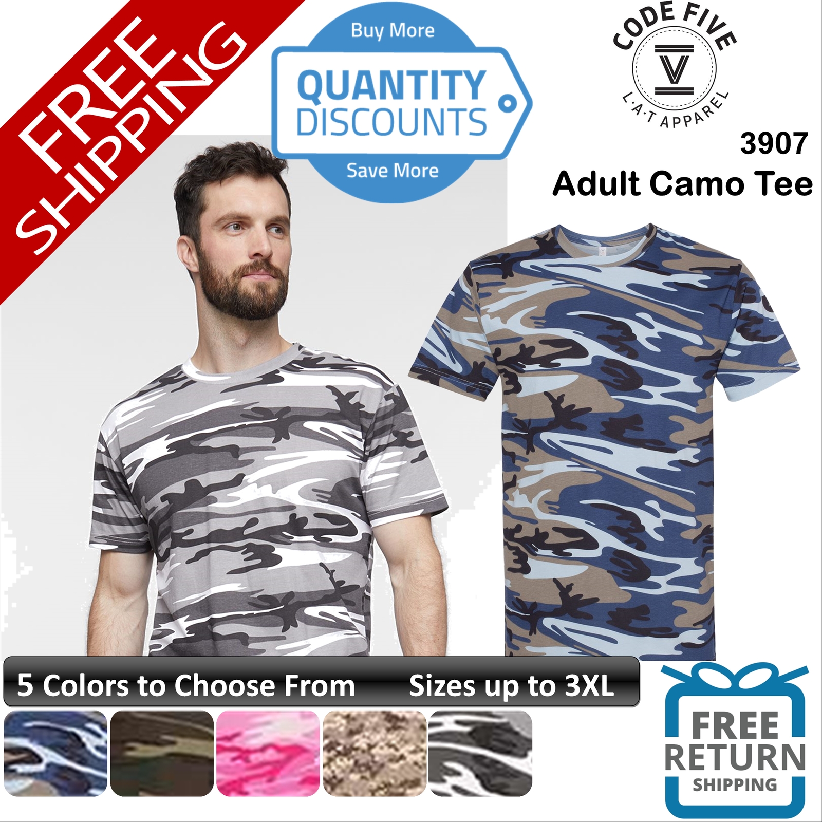 🔥 Code Five Men Adult Camo Tee Shirt Short Sleeve Ring-spun Up To 3XL 3907