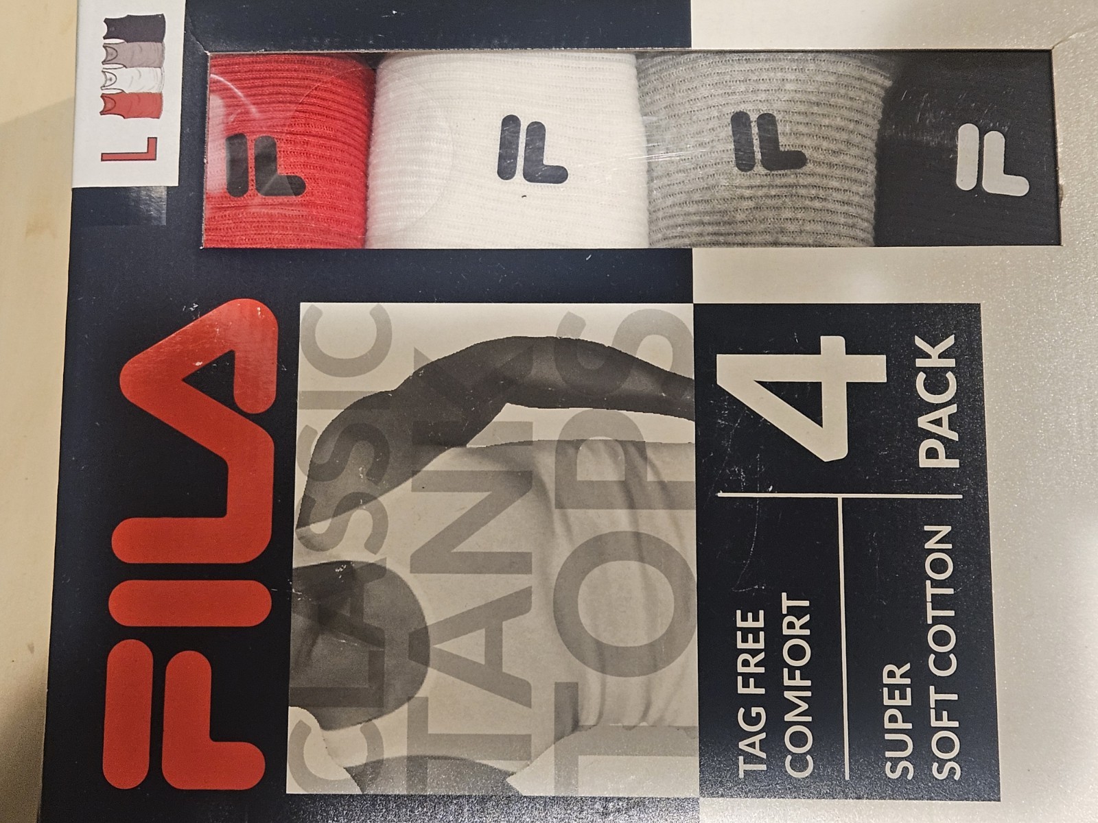 FILA CLASSIC TANK TOPS 4 PACK LARGE RED WHIE BLUE GREY NEW IN BOX SEE PICS!