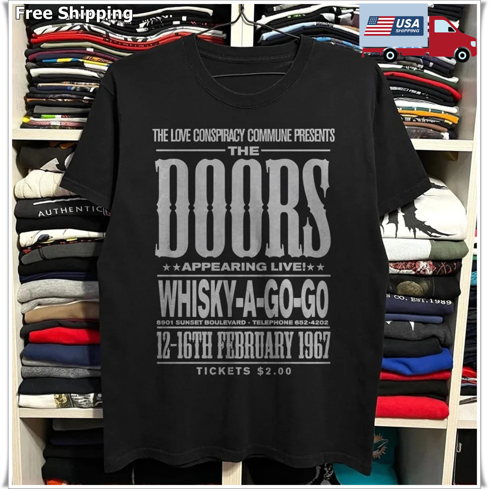 The Doors Whisky a Go Go Concert 1967 Black Cotton T-shirt Size S-5XL