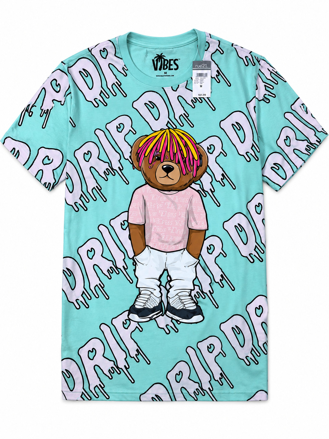 VIBES Bailey Apparel Drip Bear Graphic T Shirt Mens M Aqua Pink NWT All Over