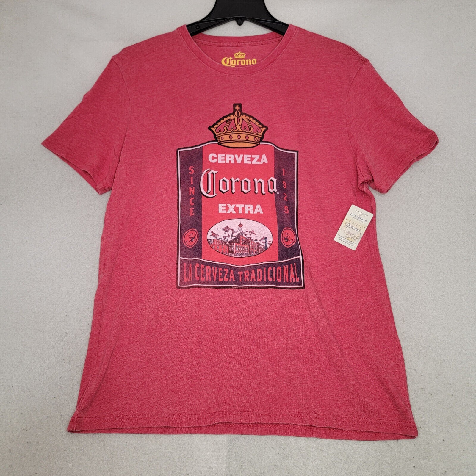 Lucky Brand Corona Beer Shirt Mens Large RED Casual Mexican Lager Distressed NWT