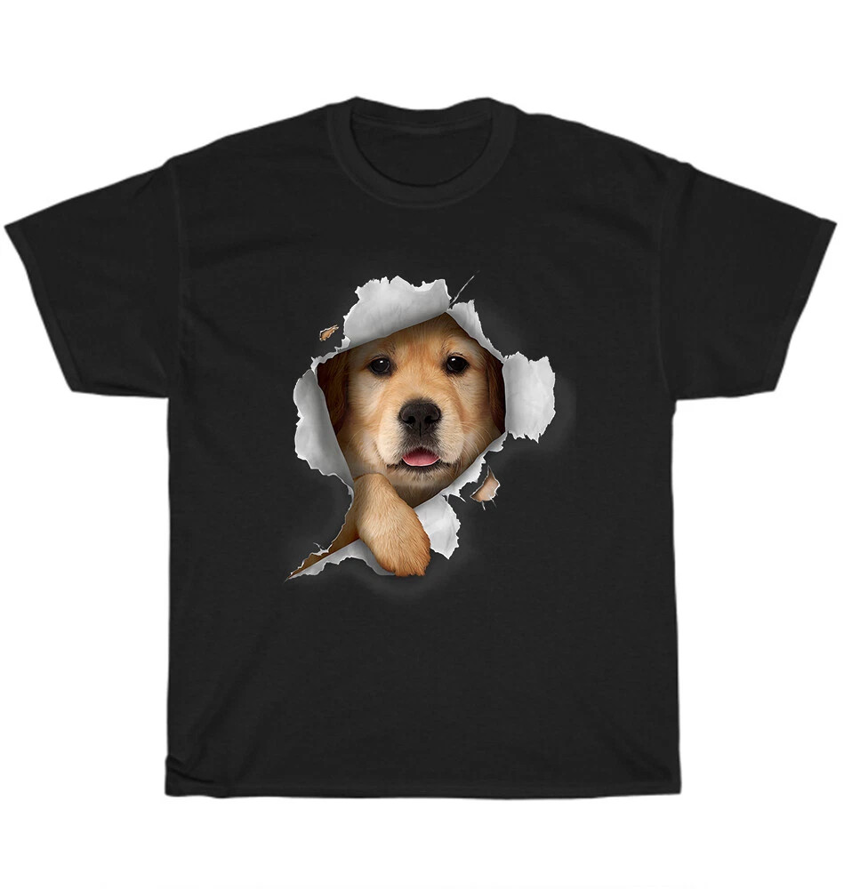 Puppy Dog Peeking T-Shirt Golden Retriever Rip Hole Funny Black Tee PR977
