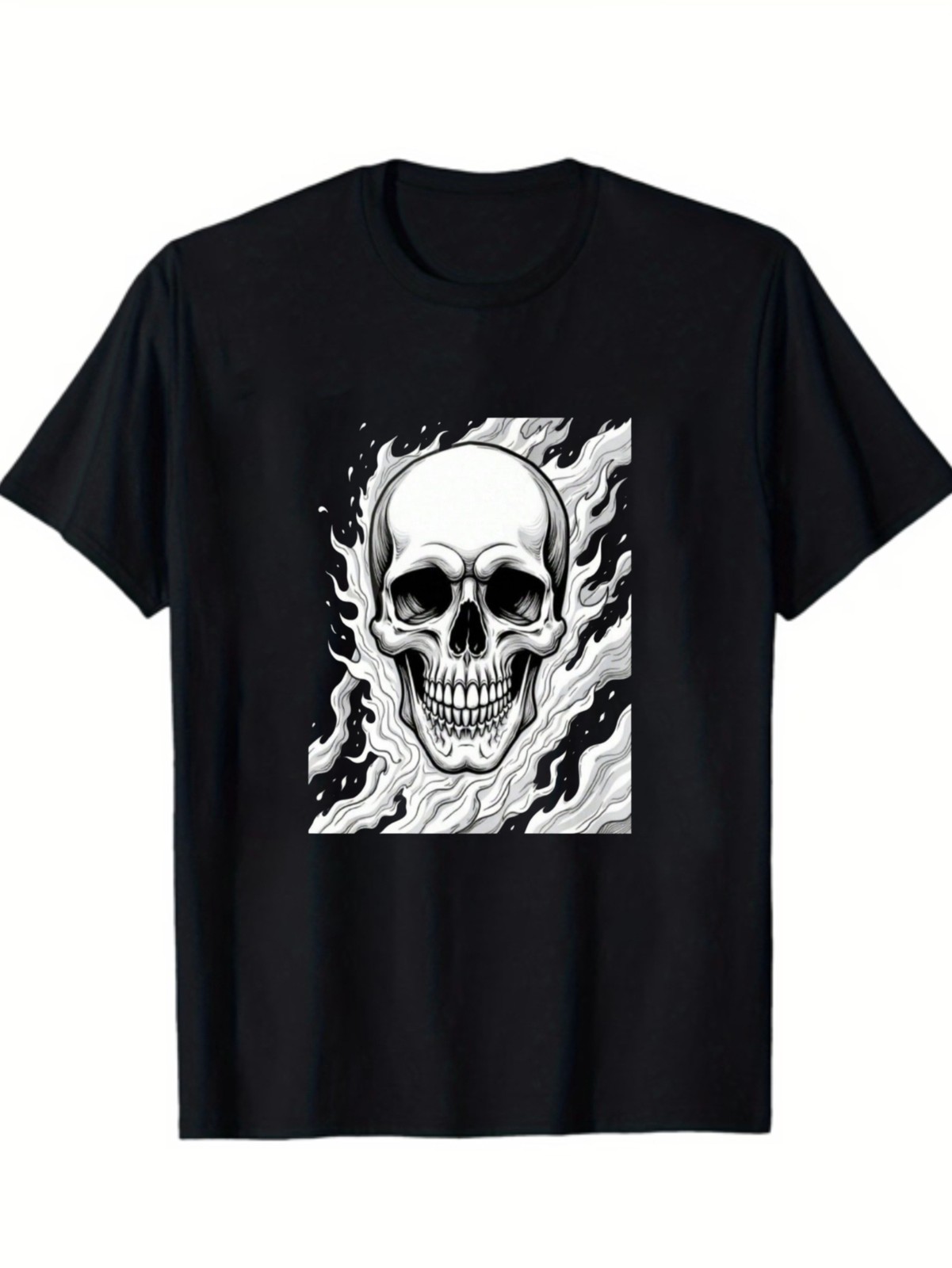 Men’s Gothic White Skull and Flame T-shirt Short Sleeve